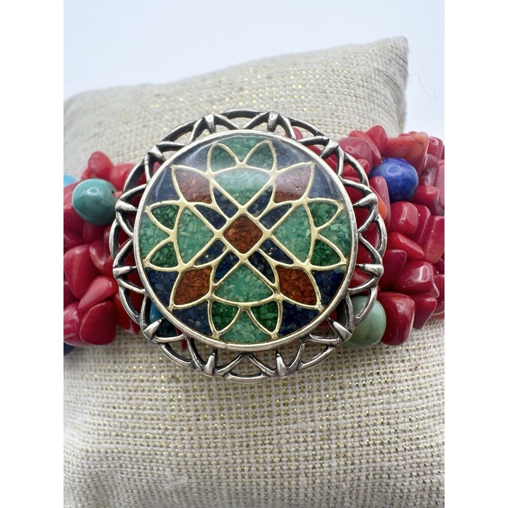 Carolyn Pollack Sterling Silver Turquoise Coral Inlay Coral Stretch Bracelet